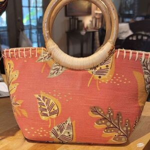 Fossil handbag, natural Cane handle, terracotta/ tan, Tropics '90s Y2K EXCELLENT